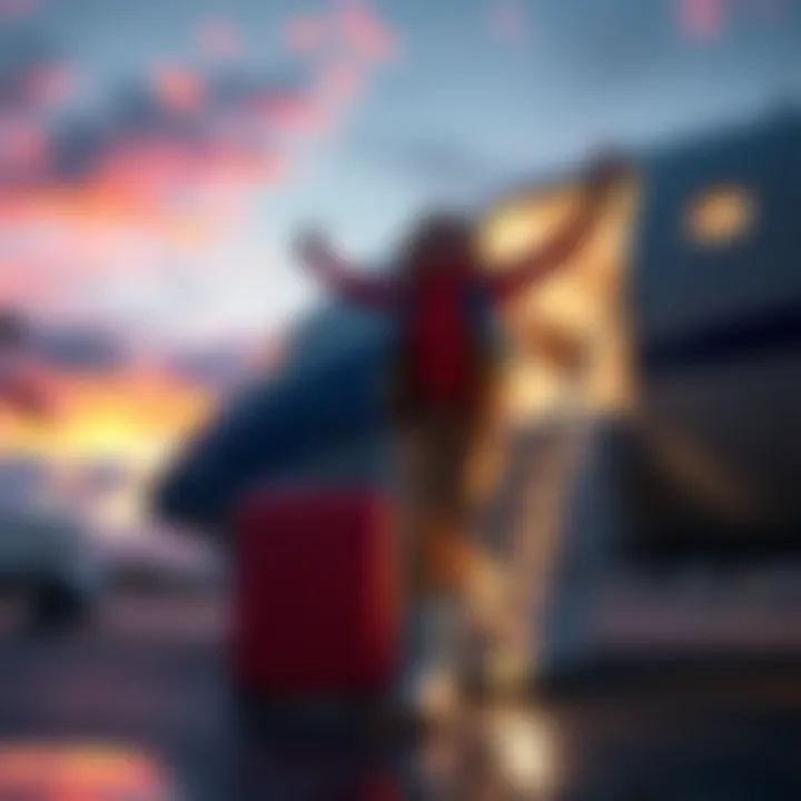 A person excitedly stepping off a plane in Australia, ready for UPril, wearing a colorful outfit and moon boots.