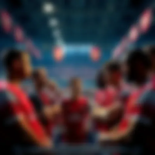 A group of Arsenal fans debating the team's lineup choices with team jerseys and banners in a lively atmosphere.