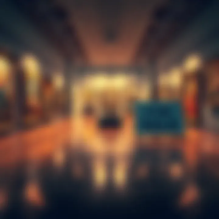 A view of an art gallery with paintings on the walls and a 'For Sale' sign