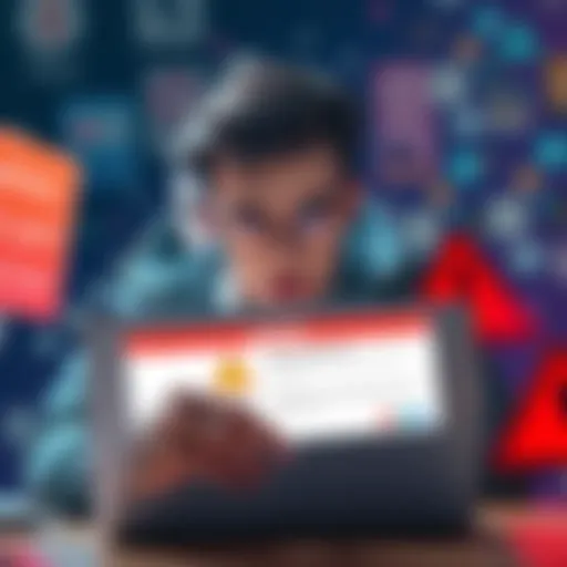 An artist looks worried while examining a suspicious NFT offer on their laptop, surrounded by digital art and warning signs.