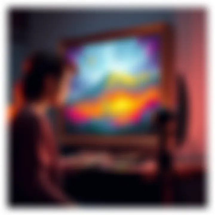 An artist uses a computer to turn a physical painting into a digital NFT format, showing art and technology together.