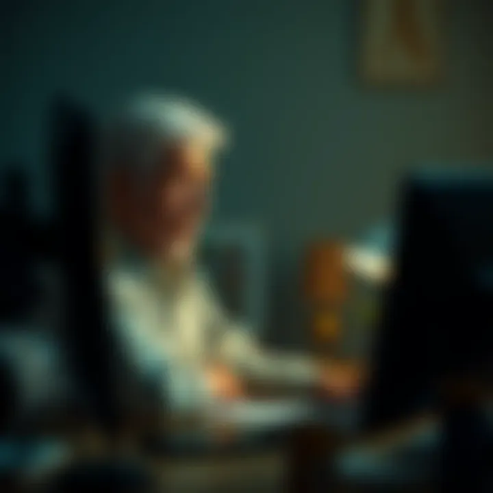 A retired artist sits at a desk, staring at a computer screen with a concerned look, reflecting the stress of being scammed.