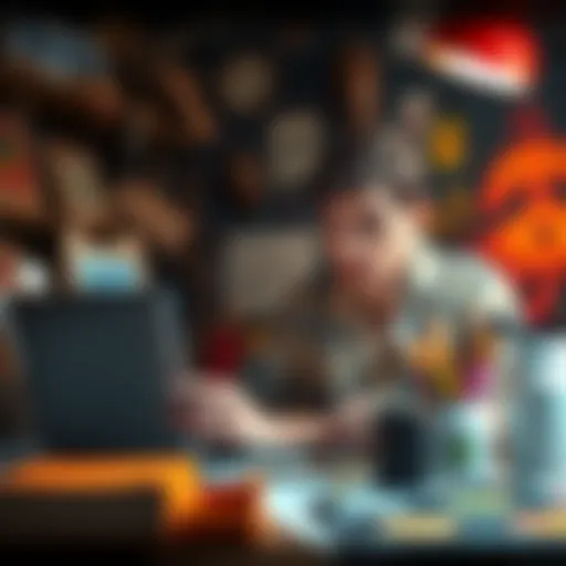 A confused artist looks at an email on their laptop, questioning an offer to sell art as NFTs. Surrounding them are art supplies and digital images of their artwork.