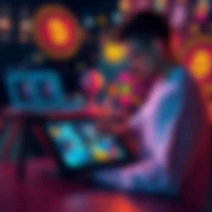 An artist uses a digital tablet to create colorful artwork, with cryptocurrency symbols and NFTs displayed around them.