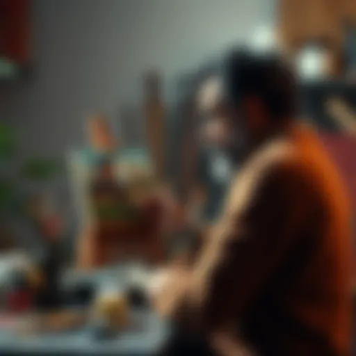 An artist shows painting techniques on a small canvas, surrounded by brushes and paints.