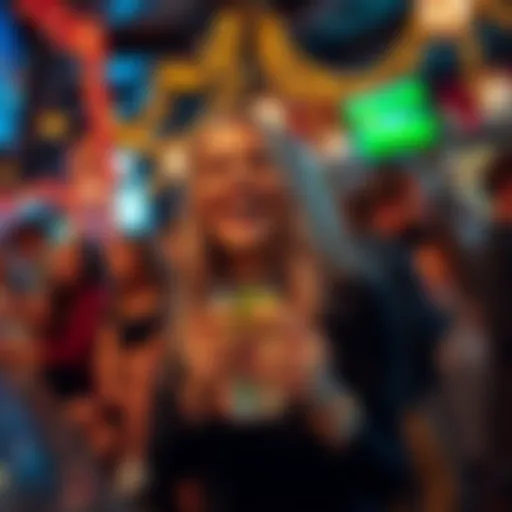Ashley laughing and holding a cocktail at a busy bar, surrounded by friends with festive decorations in the background