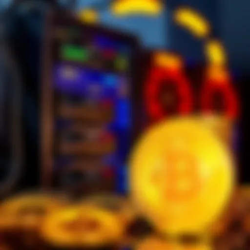 A stack of ASIC mining machines beside shiny Bitcoin coins, illustrating the decision to sell miners for Bitcoin.