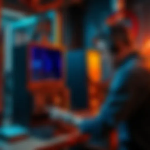 A person examining the AsicKey Keyminer A1 mining device next to a computer setup to assess performance claims and investment risks.