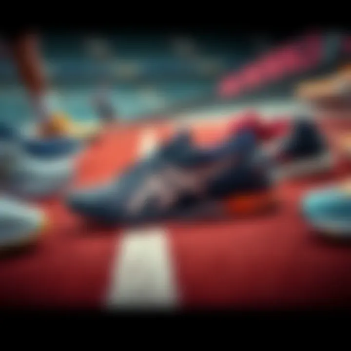 A pair of ASICS running shoes on a track surrounded by other brand shoes, representing competition in the running industry.