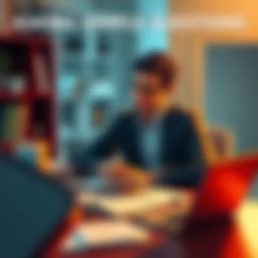 A person sitting at a desk with a notebook, looking thoughtful while writing down questions, surrounded by documents and a laptop