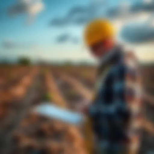 A person inspecting a plot of land with a measuring tape and clipboard, evaluating its features before purchase.