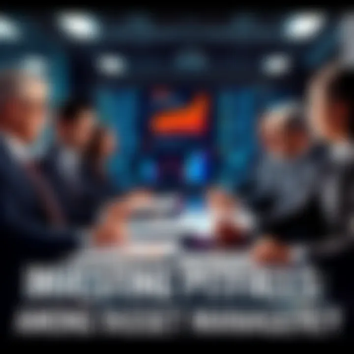 A group of business professionals in suits discussing investment strategies with charts and graphs on a table, symbolizing asset management