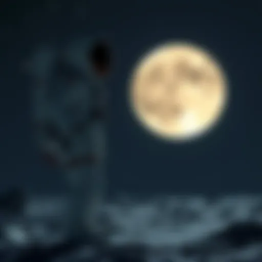 An astronaut standing on the lunar surface, looking up at the Earth in the night sky, with stars twinkling in the background.