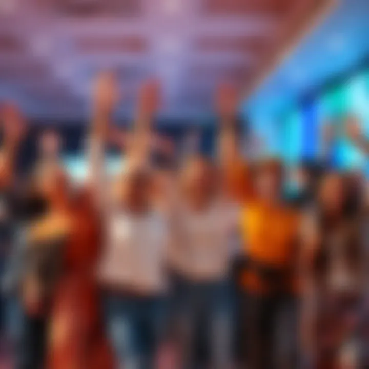 A diverse group of people celebrating and sharing tips on saving Atlas Bucks, with cheerful expressions and hands raised in excitement.