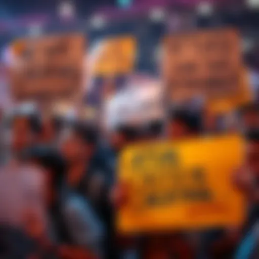 A group of people expressing concern over cheating in the Atlas system. They hold signs demanding fair play and accountability.