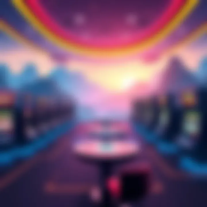 Graphic showing a virtual casino concept with slot machines and gaming tables in a digital landscape