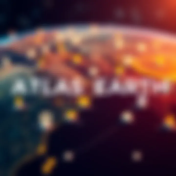 A digital map highlighting Atlas Earth features, showing various icons representing its services and goals.
