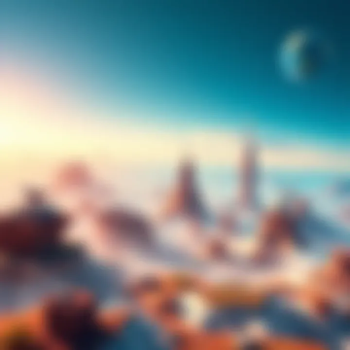 Concept art showcasing the new Landmarks feature in Atlas Earth v2.0 with vibrant landscapes and futuristic designs.