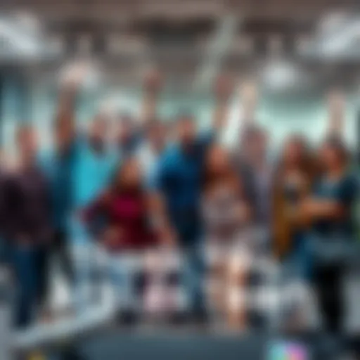 A group of diverse people smiling and celebrating in an office setting, showing gratitude for their achievements in app development.