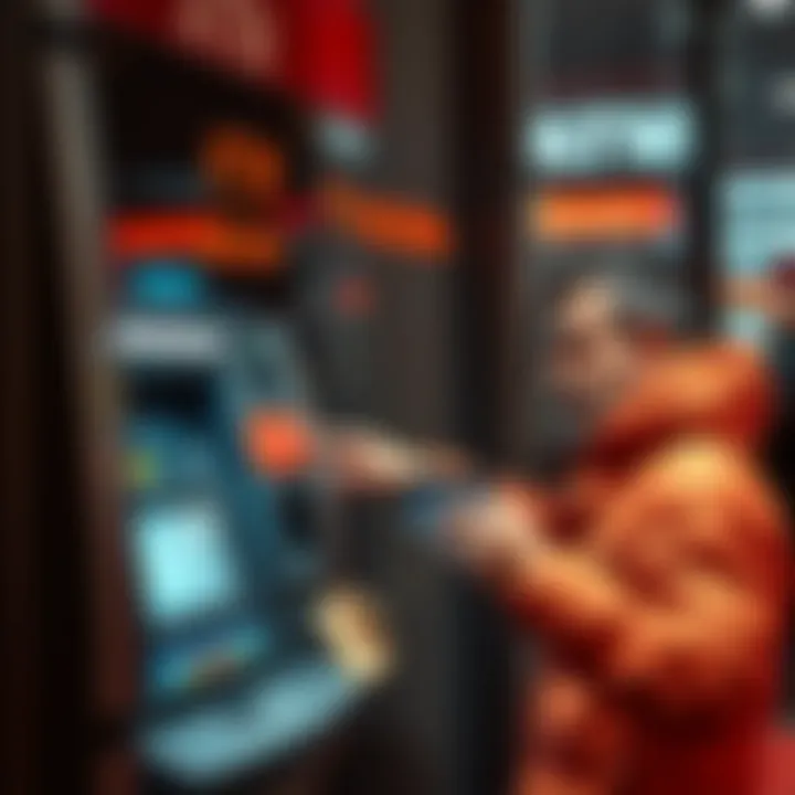 A frustrated customer pointing at an ATM displaying an error message while holding a bank card