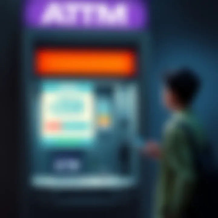 A frustrated person standing in front of an ATM with a withdrawn amount displayed on the screen, looking at their phone in disbelief.