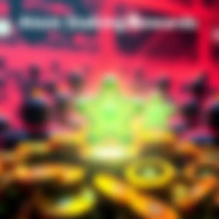 A visual representation of ATOM tokens being staked with validators in the background, highlighting rewards and risks involved in the process.