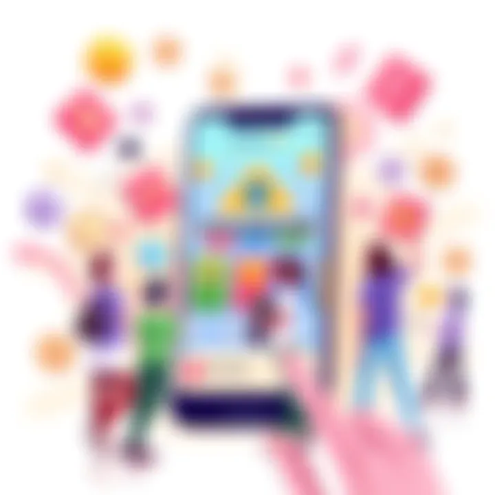 Atoshi App promotional illustration A colorful graphic showing a smartphone displaying the Atoshi App with icons for tasks, spins, and prizes. People are happily engaging with the app interface.