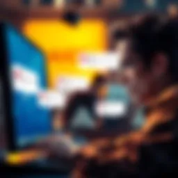 A person looking frustrated while trying to use an auction chat feature on their computer, with chat bubbles showing error messages.