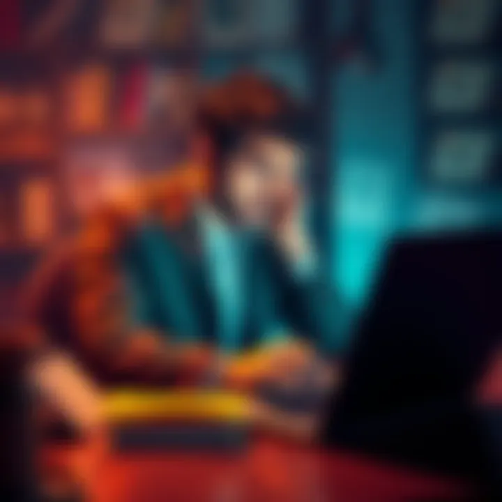 Complexities of Online Auctions A confused seller pondering over an auction listing on their laptop, surrounded by bidding notifications