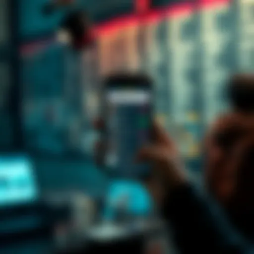 A person holding a smartphone displaying auction listings on a user board