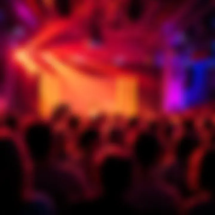 A diverse group of people enjoying a live entertainment show with bright lights and vibrant atmosphere