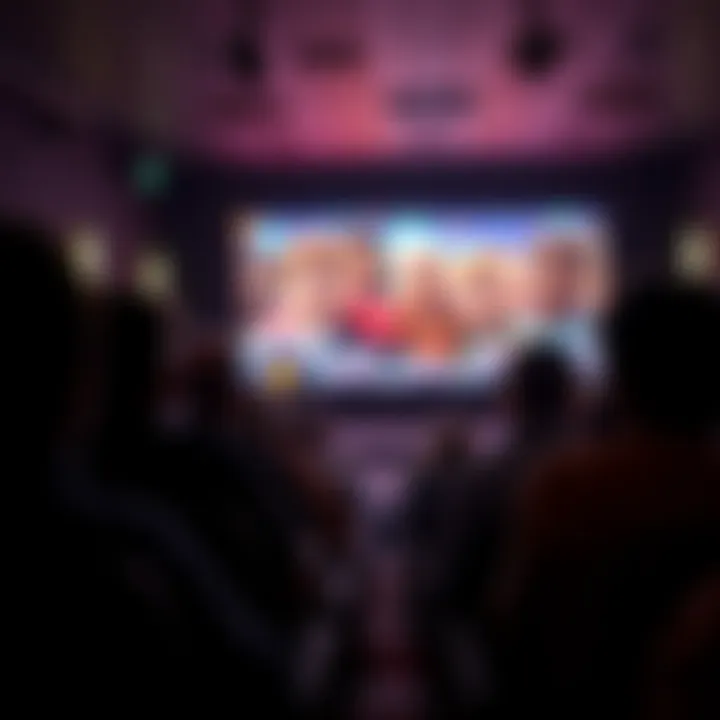A diverse group of people seated in a dark theater, focused on a large screen displaying a colorful movie scene.