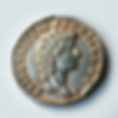 A close-up of a shiny silver Augustus denarius coin showing the unique Signis Receptis design on one side.