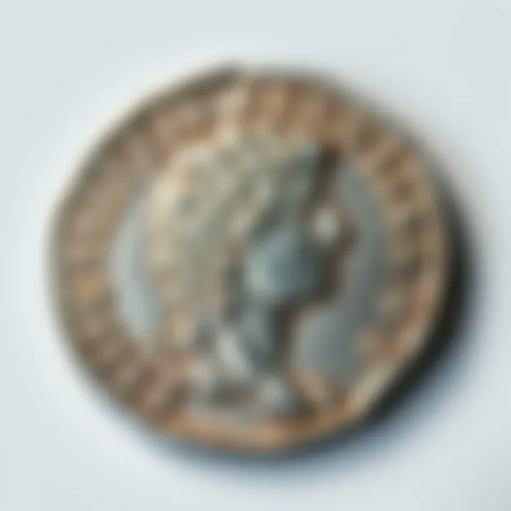 First Augustus Denarius Coin A close-up of a shiny silver Augustus denarius coin showing the unique Signis Receptis design on one side.