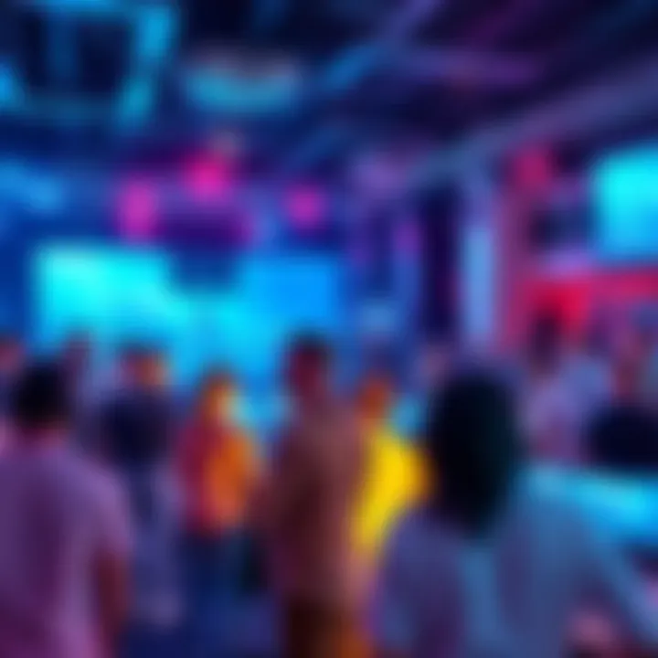 A vibrant scene from Miami showcasing a live stream event with people gathered around screens, discussing insights from Consensus and related events.