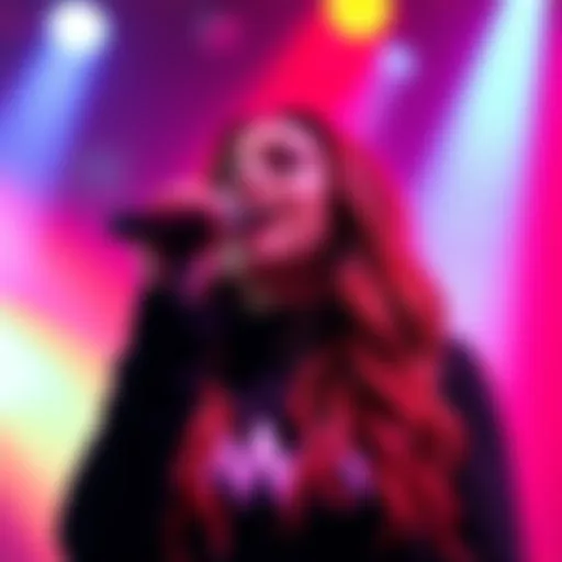 AURORA singing passionately in a colorful concert setting