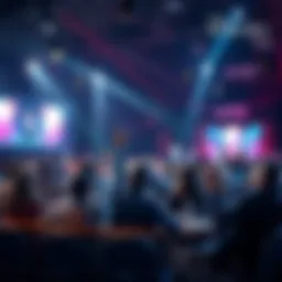 A lively quiz night scene with people seated at tables, raising hands to answer questions, and a host at the front.