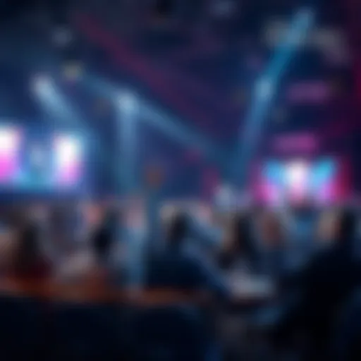 A lively quiz night scene with people seated at tables, raising hands to answer questions, and a host at the front.