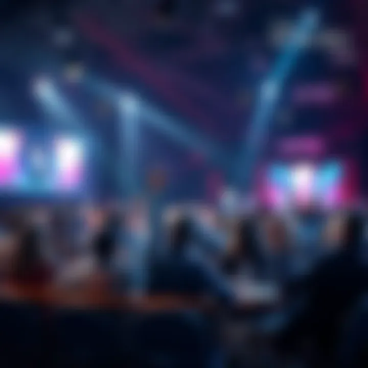 A lively quiz night scene with people seated at tables, raising hands to answer questions, and a host at the front.