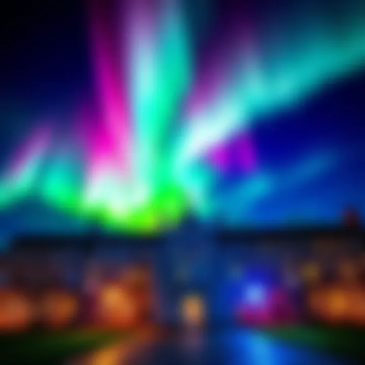 Vibrant aurora lights shining above Trinity College Dublin, showcasing colorful patterns in the night sky.
