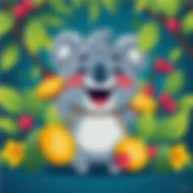 An illustration of a cartoon dropbear character with a joyful expression, surrounded by Australian elements like eucalyptus leaves and coins symbolizing cryptocurrency.