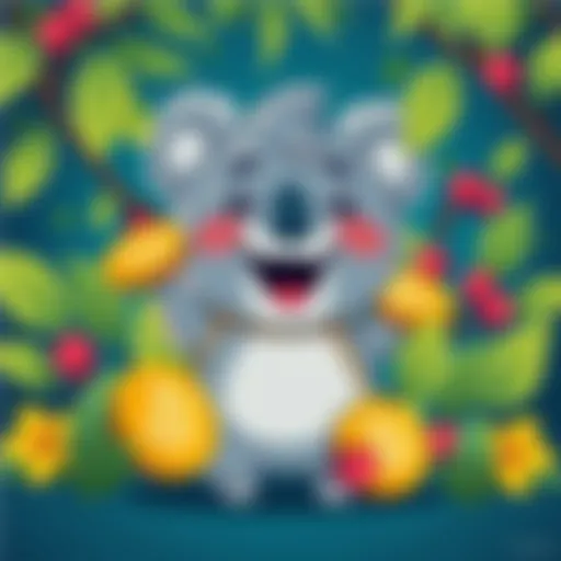 An illustration of a cartoon dropbear character with a joyful expression, surrounded by Australian elements like eucalyptus leaves and coins symbolizing cryptocurrency.