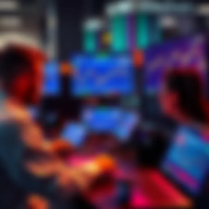 Group of Australian traders using Kraken on laptops with cryptocurrency graphs on screens