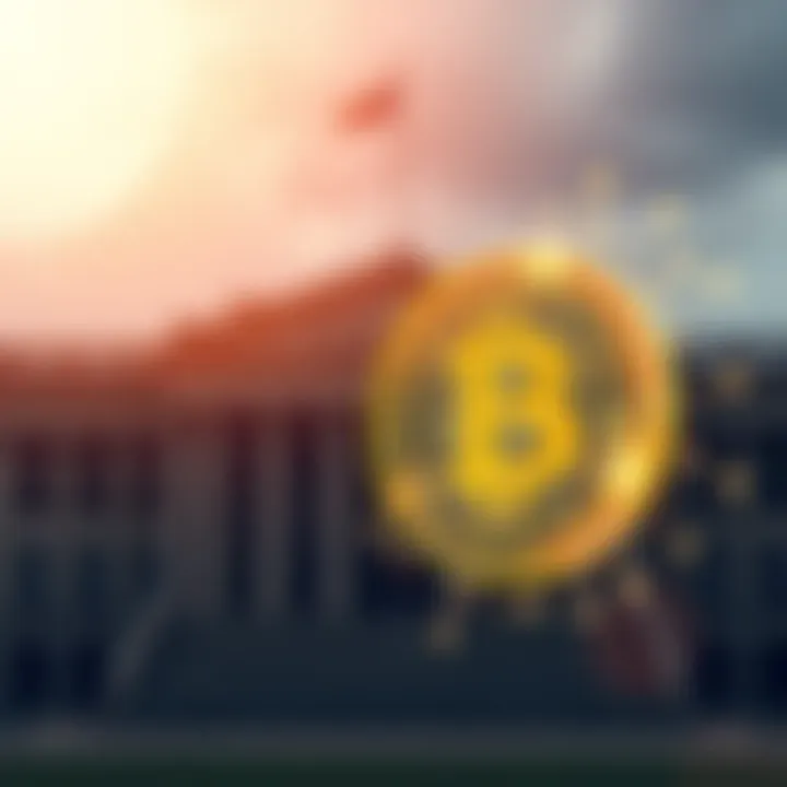 The Australian Senate building with a digital bitcoin symbol overlay, representing the approval of a bill for cryptocurrency in finance.