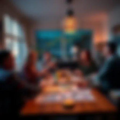 Group of Australians discussing Bitcoin investment in a cozy home setting, with charts and Bitcoin symbols on the table.