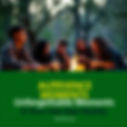 A group of friends sharing laughter around a campfire, surrounded by nature, highlighting genuine experiences.