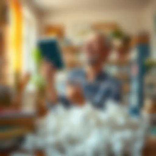 A delighted author holding a book and smiling, surrounded by crumpled papers symbolizing their journey, in a bright room decorated with writing supplies.