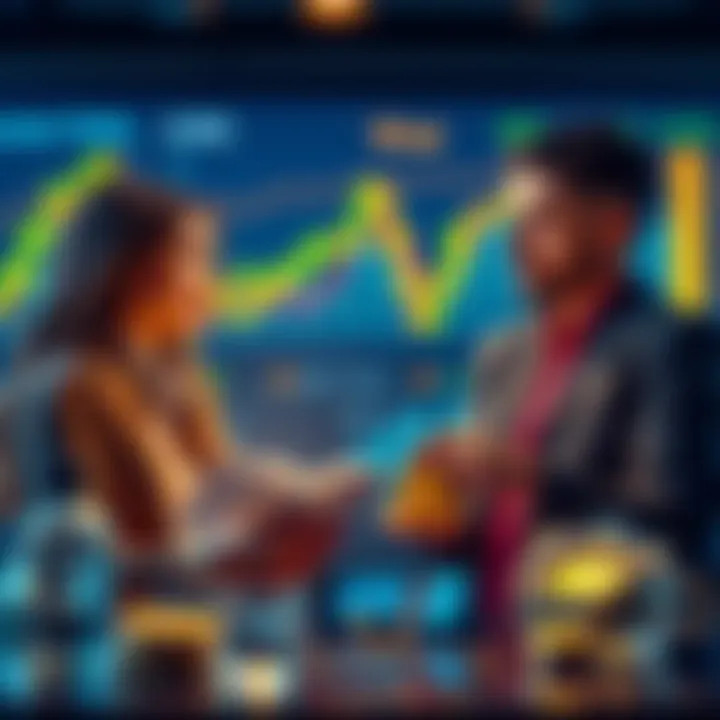 A couple discussing Bitcoin investment strategies, with digital wallets and charts in the background.