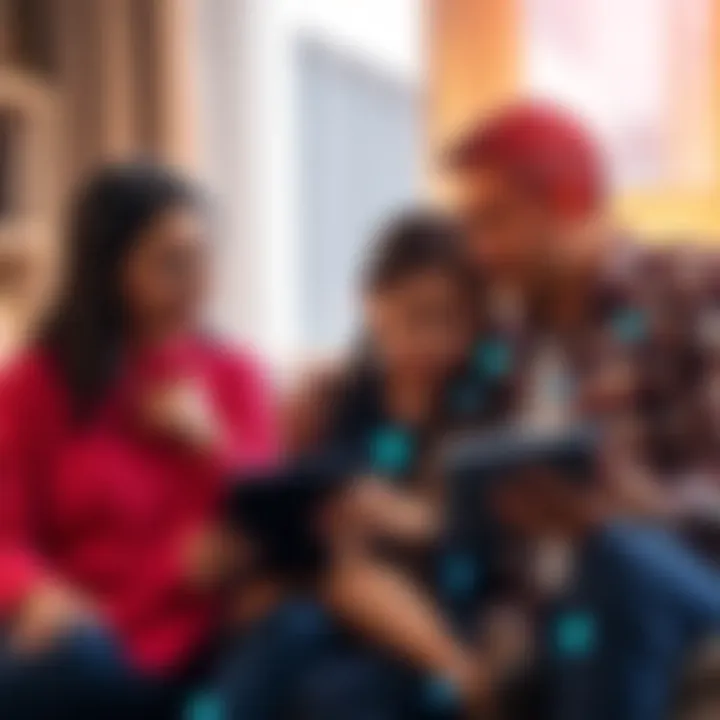 Automated Inheritance Payments A visual of a family discussing financial planning with digital devices and blockchain icons representing smart contracts for inheritance payments.