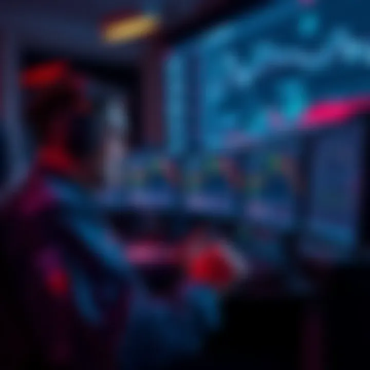 A trader checks cryptocurrency data on multiple screens at night, visualizing price thresholds and alerts.